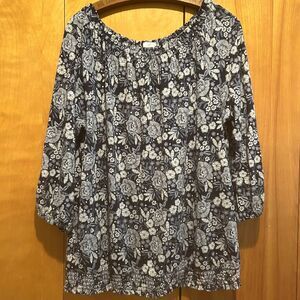 J.Jill Bubble Hem Blouse-Smocking-Blue‎ Floral-Sz XL-Cottagecore-Mature-Office